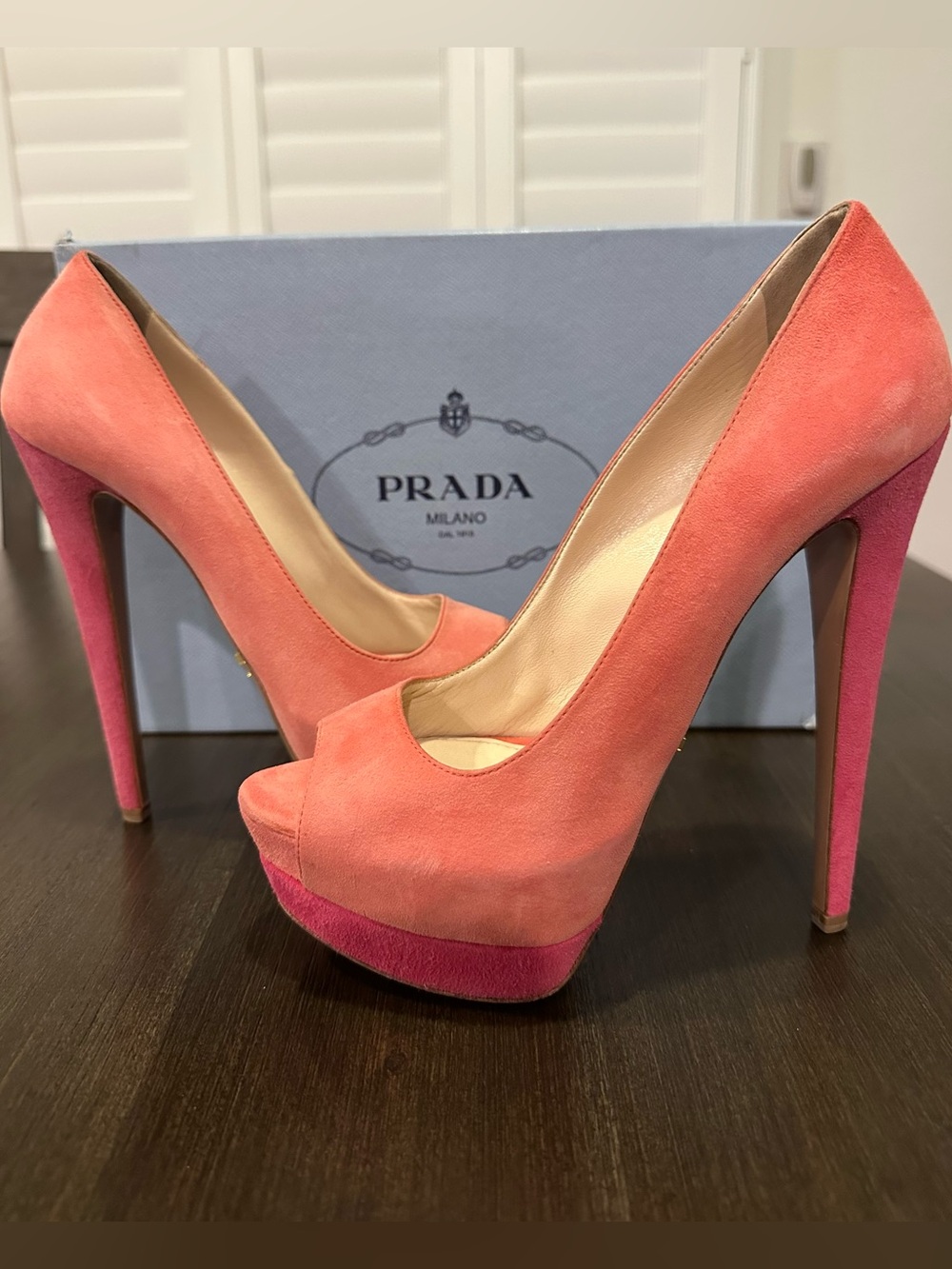 Prada Pink Two-Tone Suede Platform Peep-Toe Heels